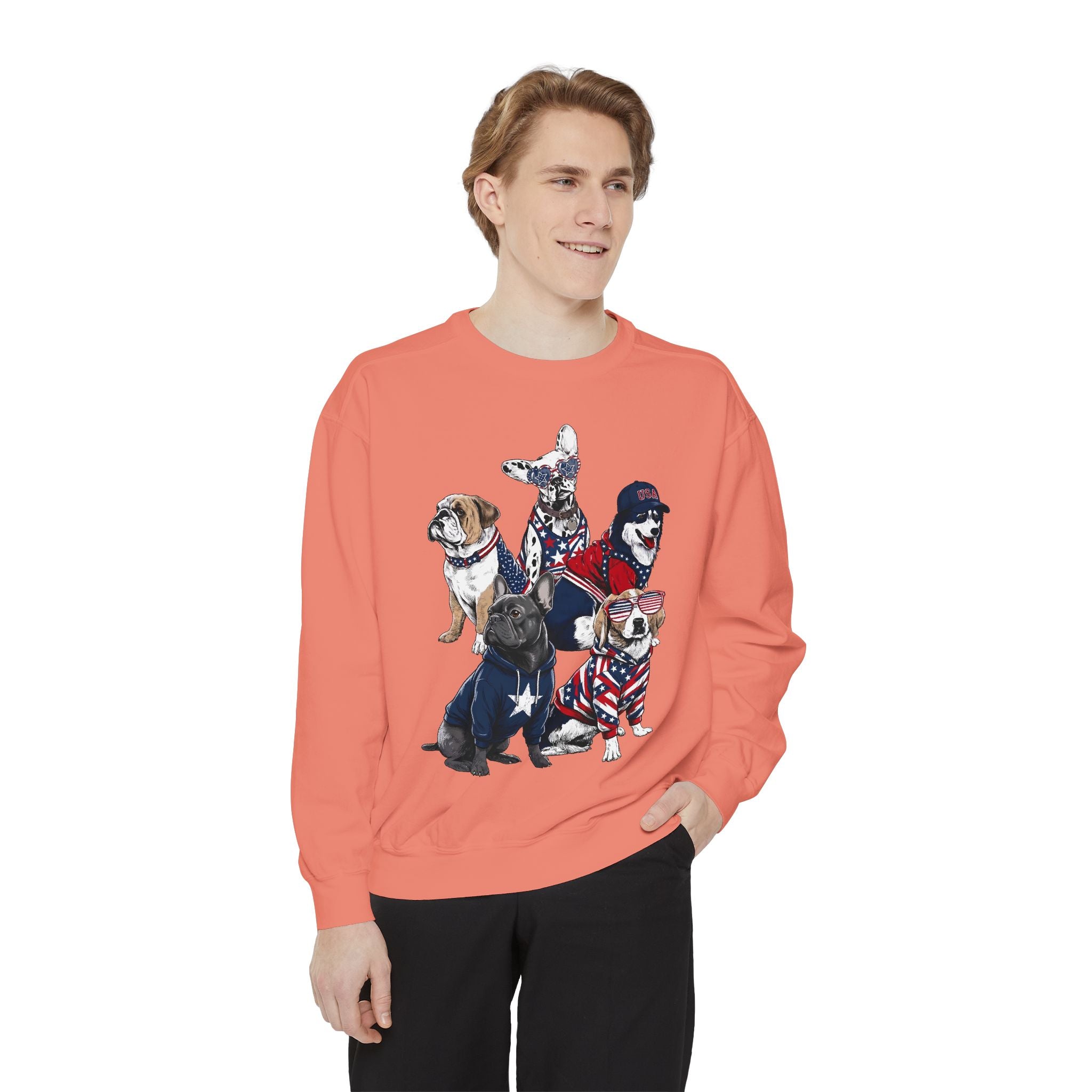 Patriotic Dog Lover Comfort Sweatshirt, USA Dogs Crewneck Sweatshirt, Fourth of July Pet Lover Gift, American Flag Puppy Sweatshirt
