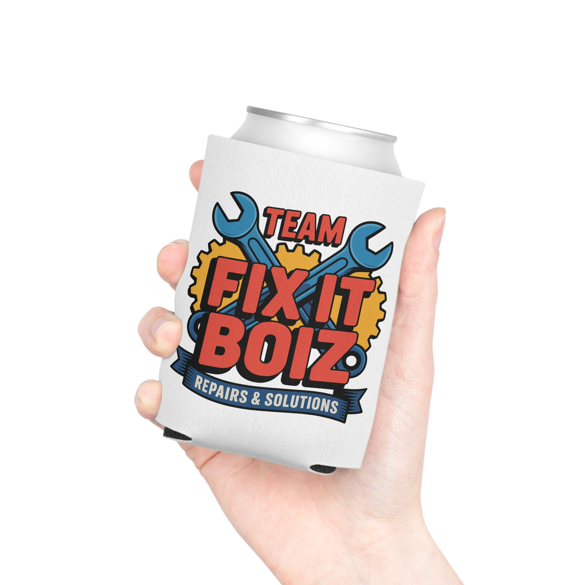 Mechanic Can Cooler, Team Fix It Boiz Wrench and Gear Design, Workshop Drink Holder, Handyman Gift for Dad or a Repair Crew Birthday