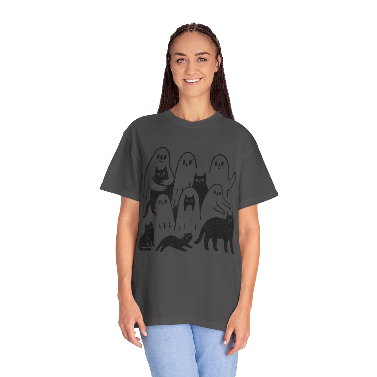 Ghost Cat Halloween Shirt, Cute Spooky Cats and Ghosts Graphic Tee, Cozy Pet Lover Gift, Minimal Black and White Fall Outfit for Women