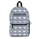 Personalized Whale Backpack for Kids, Custom Name School Bag, Blue Gray Ocean Animal Print, Nautical Bookbag