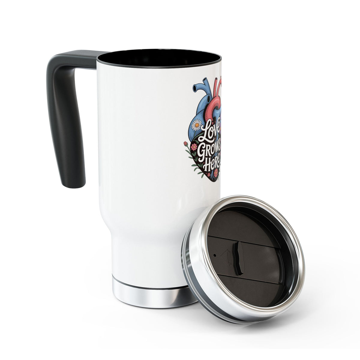 Love Grows Here Stainless Steel Travel Mug, Floral Anatomical Heart Cup, Mental Health Gift, Encouraging Gift for Her