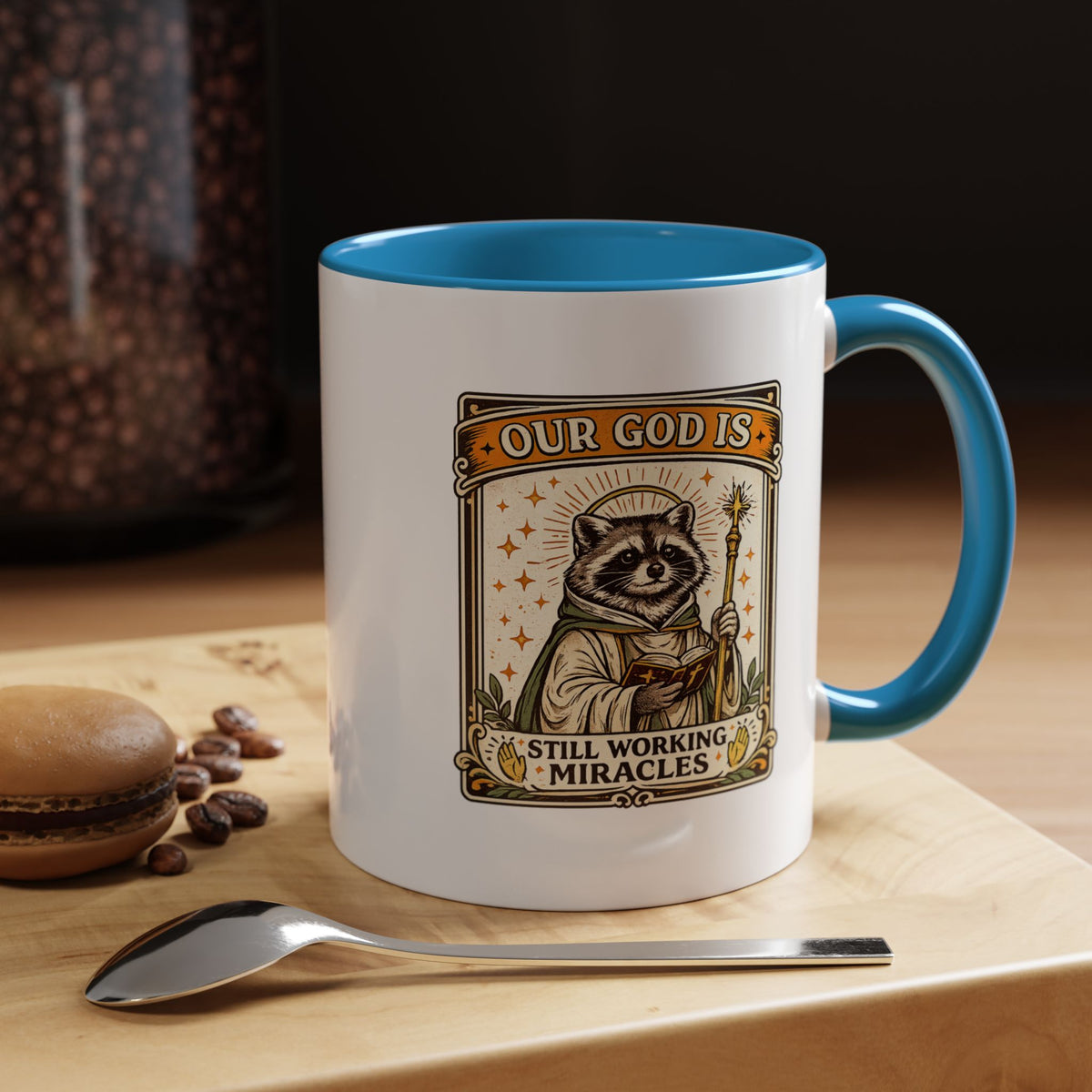 Our God Is Still Working Miracles Coffee Mug, Funny Raccoon Christian Gift for Friends, Cute Religious Parody Trash Panda Ceramic Tea Cup with Black Handle