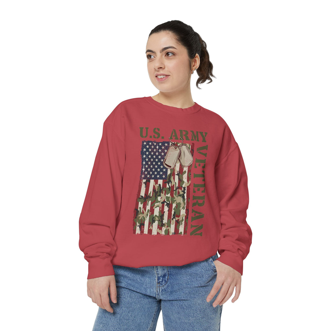 US Army Veteran Sweatshirt, American Flag Camo Crewneck, Military Dog Tag Pullover, Patriotic Soldier Gift, Retirement or Veterans Day Top