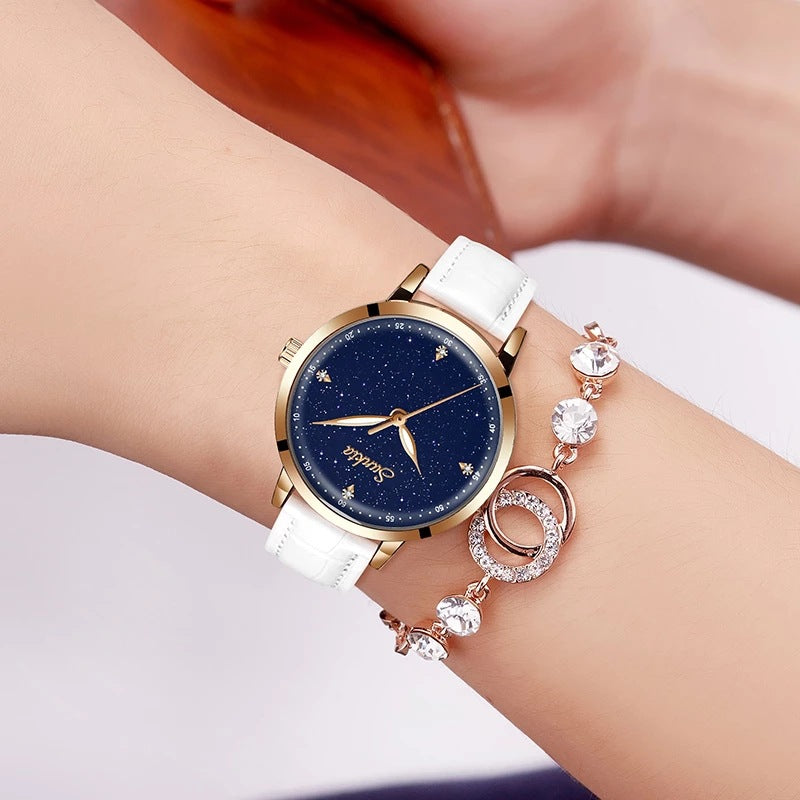 SUNKTA women's watch with dark blue starry dial and white leather strap
