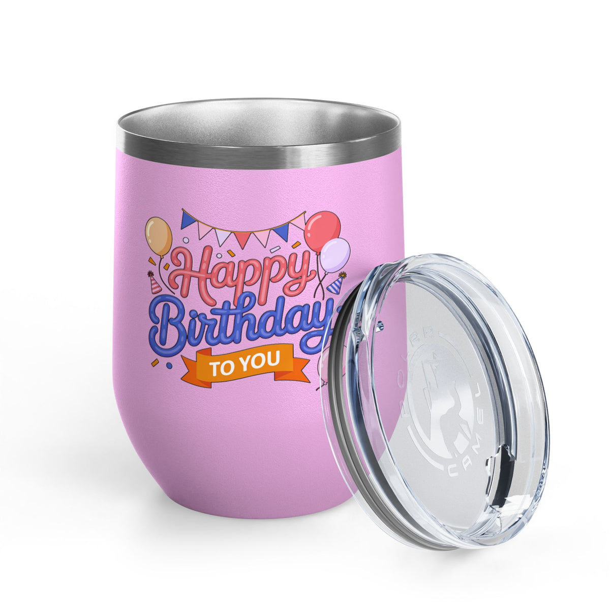 Happy Birthday to You Wine Tumbler, Pink and Blue Balloons with Party Bunting, Colorful Drinkware Gift for a Sister or Best Friend's Party