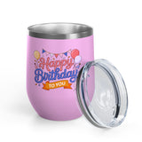 Happy Birthday to You Wine Tumbler, Pink and Blue Balloons with Party Bunting, Colorful Drinkware Gift for a Sister or Best Friend's Party