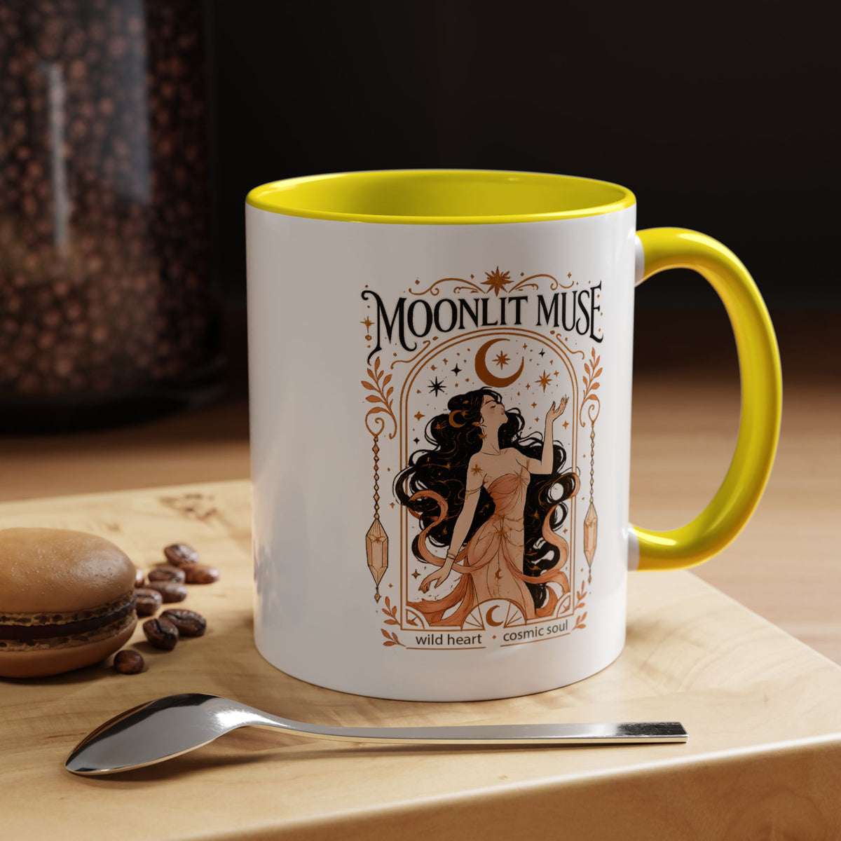 Moonlit Muse Coffee Mug, Celestial Goddess Art Mug, Mystic Moon Aesthetic Cup, Boho Spiritual Gift for Women, Cosmic Soul Coffee Mug