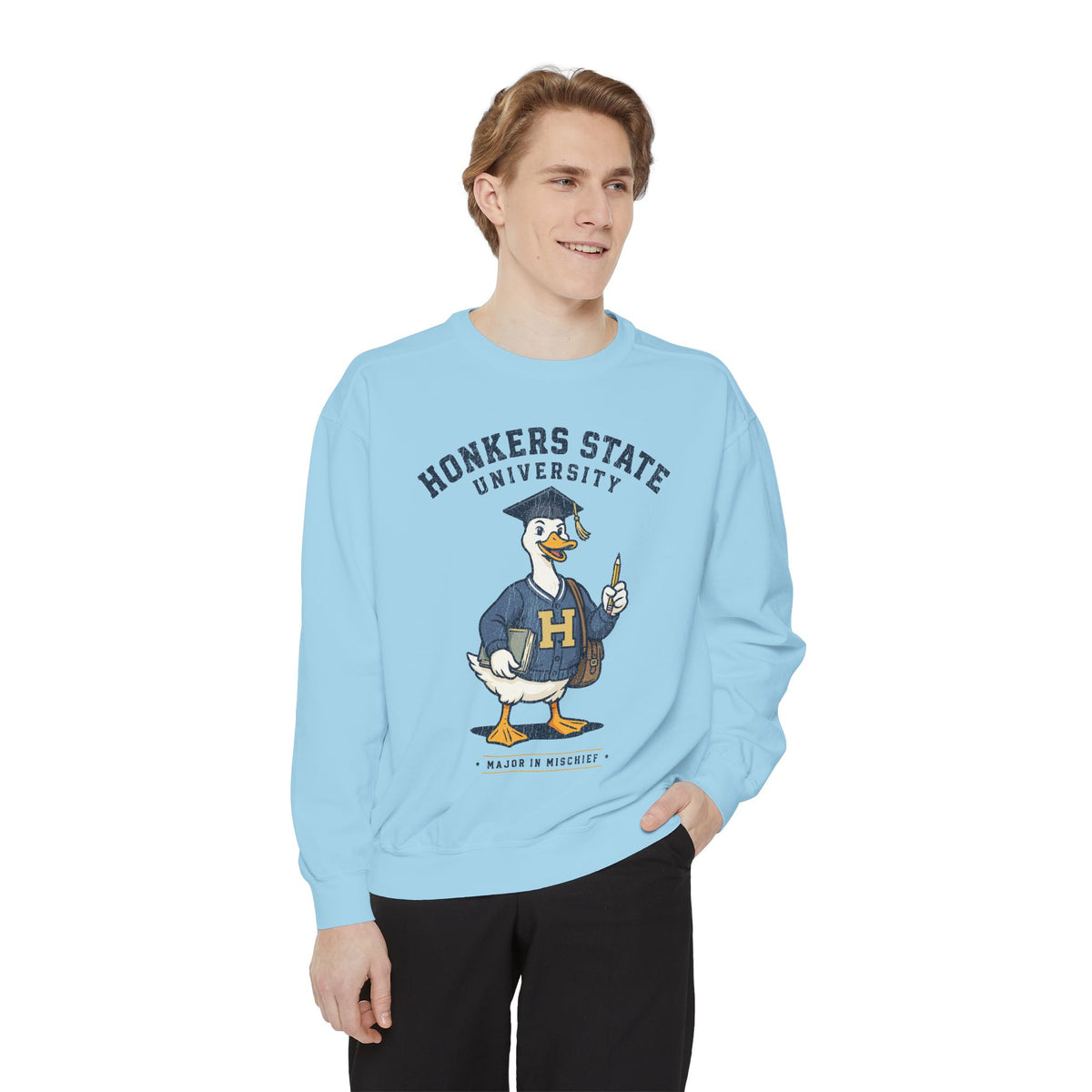Honkers State University Sweatshirt, Funny Goose Graduate Crewneck, Major in Mischief College Student Gift, Graduation Campus Pullover