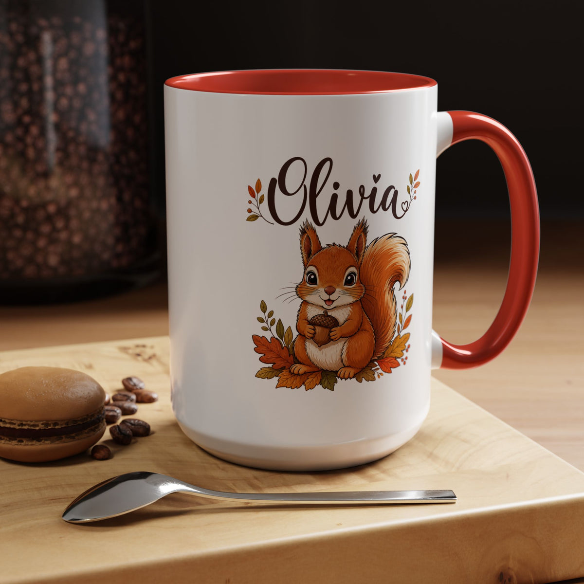 Personalized Squirrel Mug with Name, Autumn Woodland Coffee Cup, Cute Fall Animal Gift for Daughter, Nature Lover Birthday Keepsake