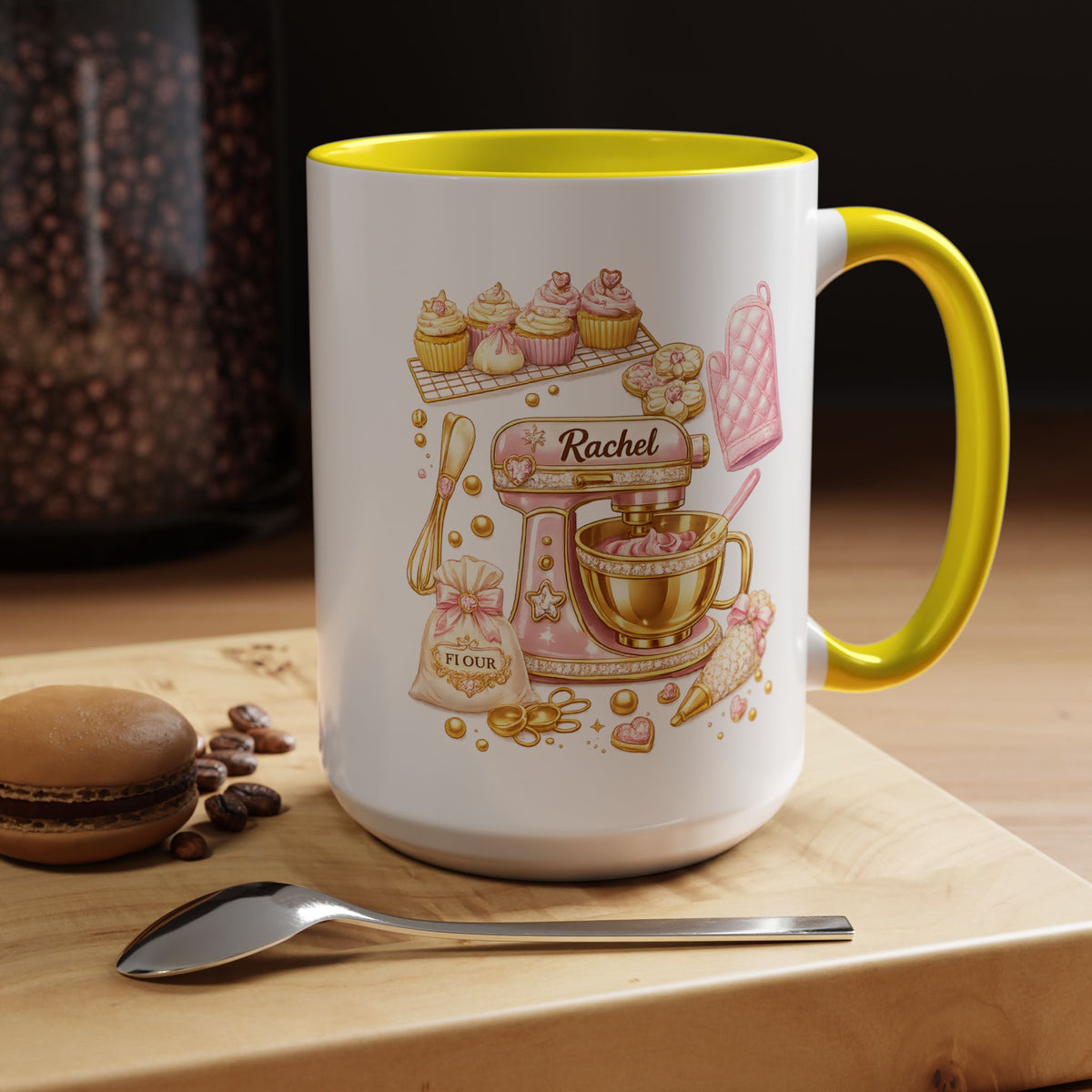 Cute Baking Stand Mixer Coffee Mug, Personalized Baker Gift for Her, Aesthetic Pastry Chef Kitchen Ceramic Tea Cup with Dark Blue Handle