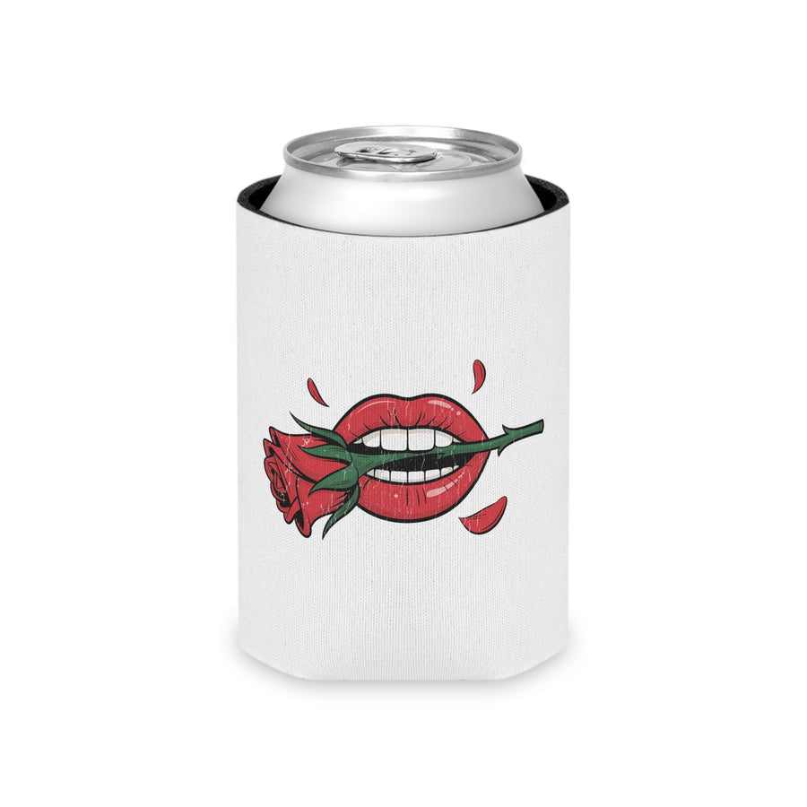 A white can cooler on a drink can, printed with distressed red lips with white teeth biting the green stem of a red rose, with falling red petals.