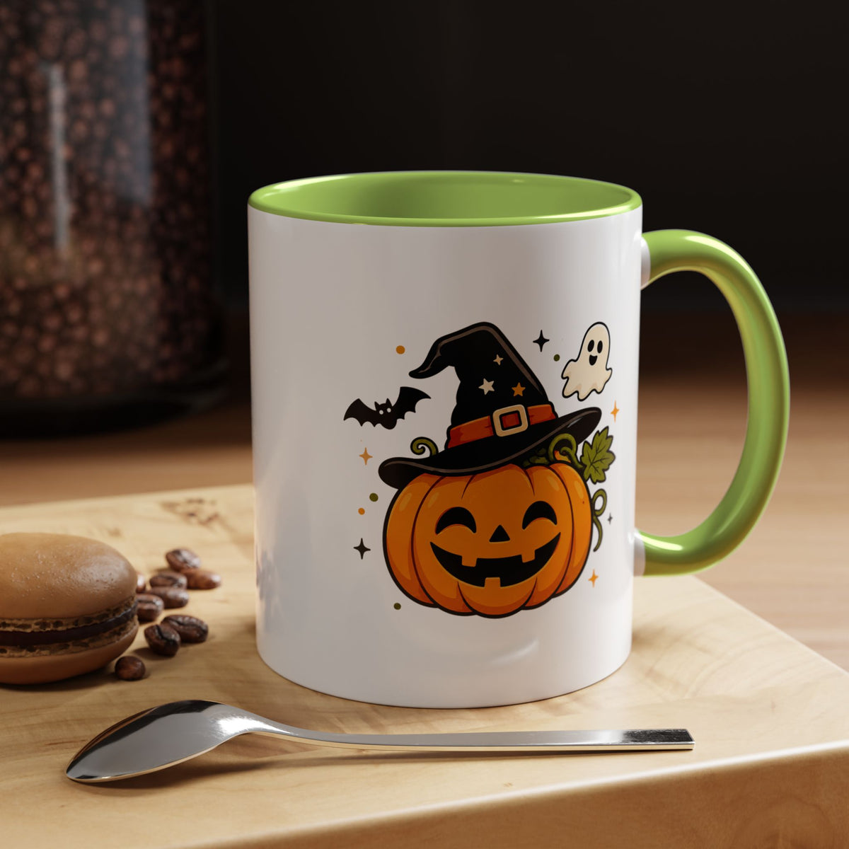 Cute Pumpkin Halloween Mug, Smiling Jack O Lantern Black Accent Coffee Cup, Cute Friendly Ghost Gift for Kids, Teachers or Fall Lovers