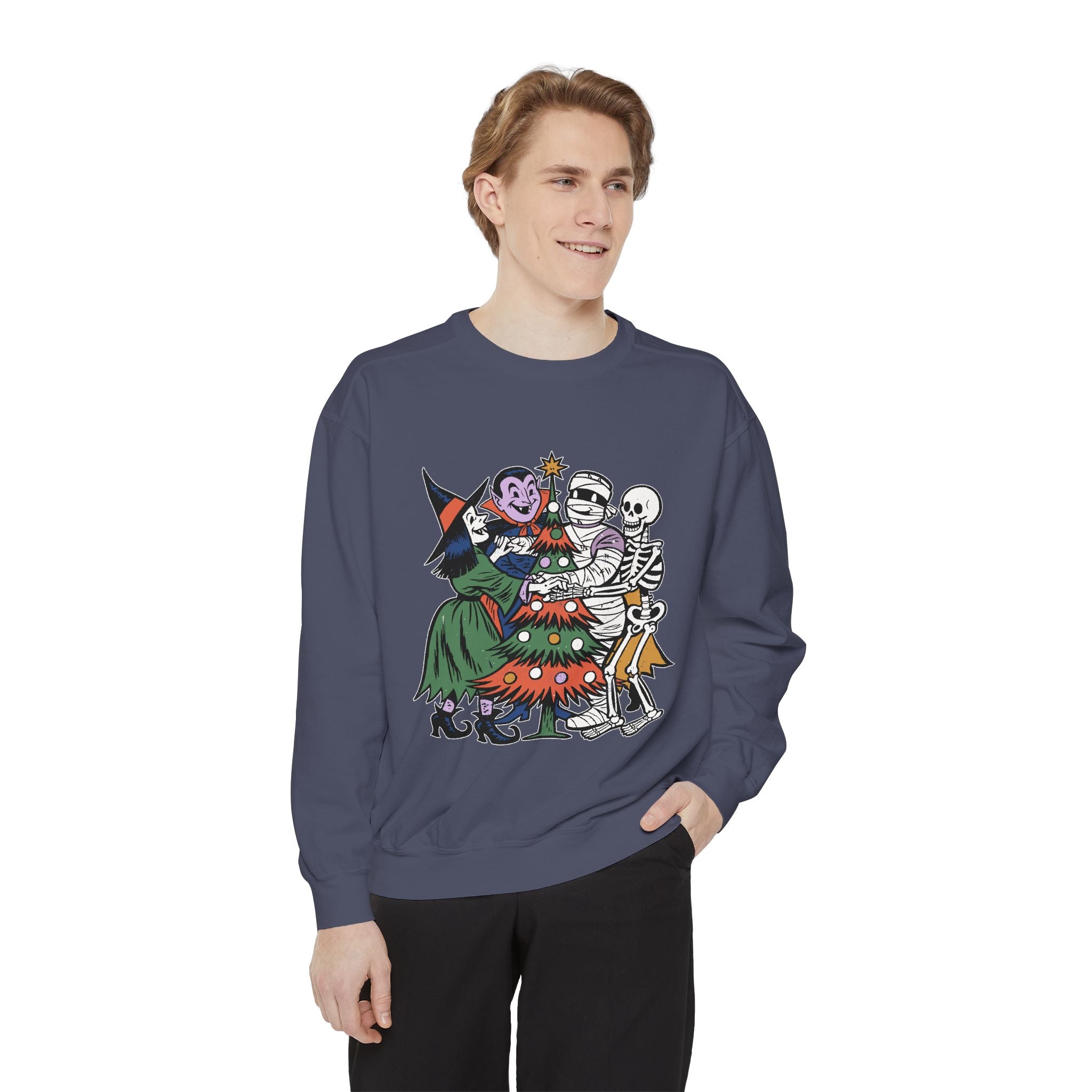Spooky Christmas Sweatshirt, Halloween Holiday Mashup Crewneck, Witch Vampire Mummy Skeleton Pullover, Gothic Xmas Gift for Horror Fan