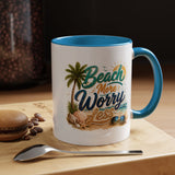Beach More Worry Less Coffee Mug, Summer Vacation Gift for Ocean Lovers, Cute Tropical Palm Tree Ceramic Tea Cup with Dark Blue Handle