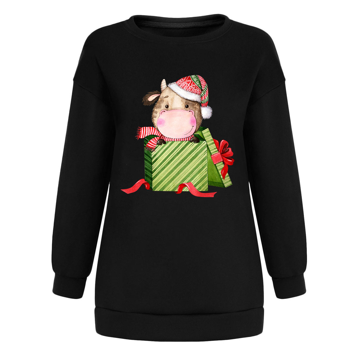 Christmas Cow Gift Box Sweatshirt, Christmas Graphic Crewneck Pullover