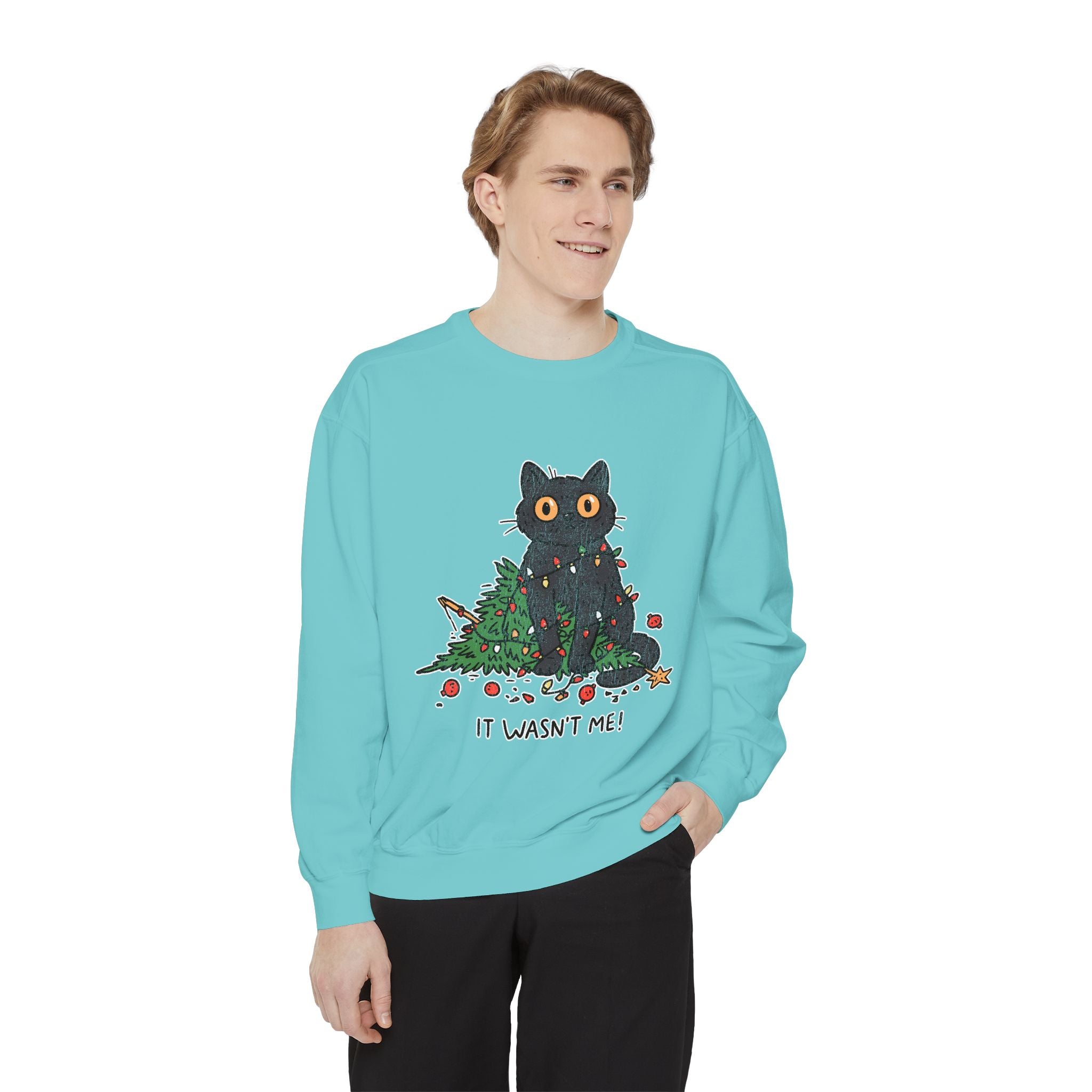 It Wasn't Me Black Cat Christmas Sweatshirt, Funny Holiday Crewneck, Mischievous Kitty Lights Pullover, Gift for Cat Mom or Cat Dad