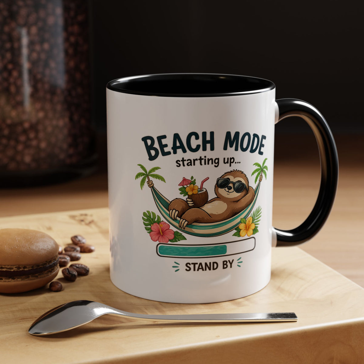 Beach Mode Sloth Coffee Mug, Funny Summer Vacation Gift for Sloth Lovers, Cute Tropical Hammock Ceramic Tea Cup with Blue Handle