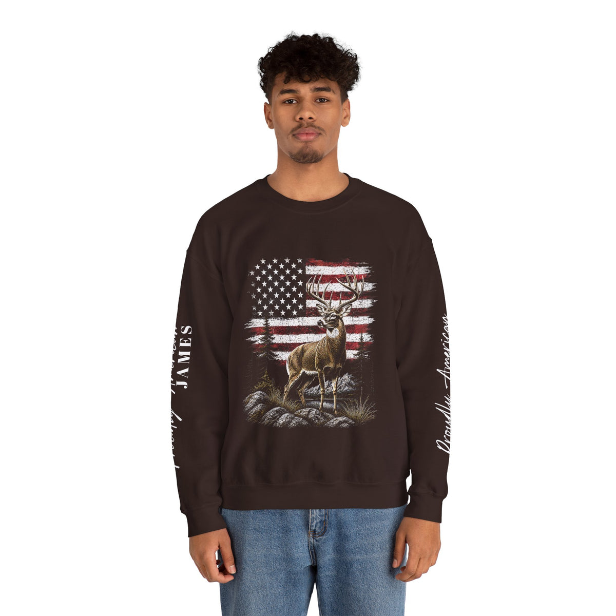 Personalized Hunting Sweatshirt, Custom Deer American Flag Pullover, Patriotic Outdoorsman Crewneck, Hunter Gift, Personalized Family Shirt
