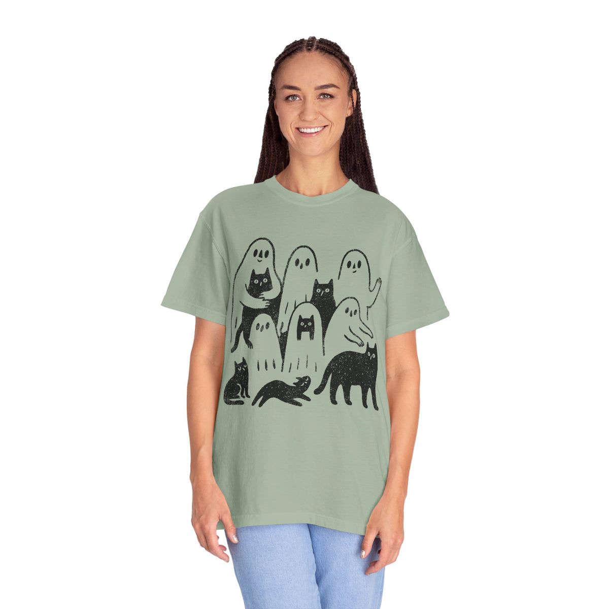 Ghost Cat Halloween Shirt, Cute Spooky Cats and Ghosts Graphic Tee, Cozy Pet Lover Gift, Minimal Black and White Fall Outfit for Women