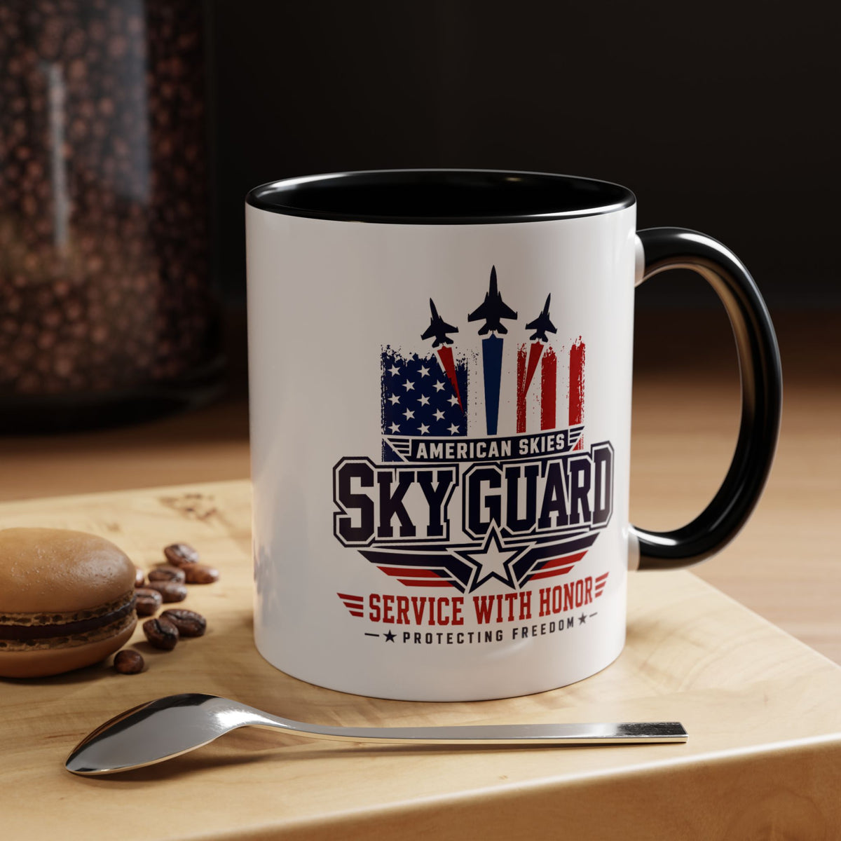 Military Aviation Coffee Mug, American Skies Skyguard Cup, Patriotic Fighter Jet Gift for Pilot, Veteran, Airman or Armed Forces Supporter