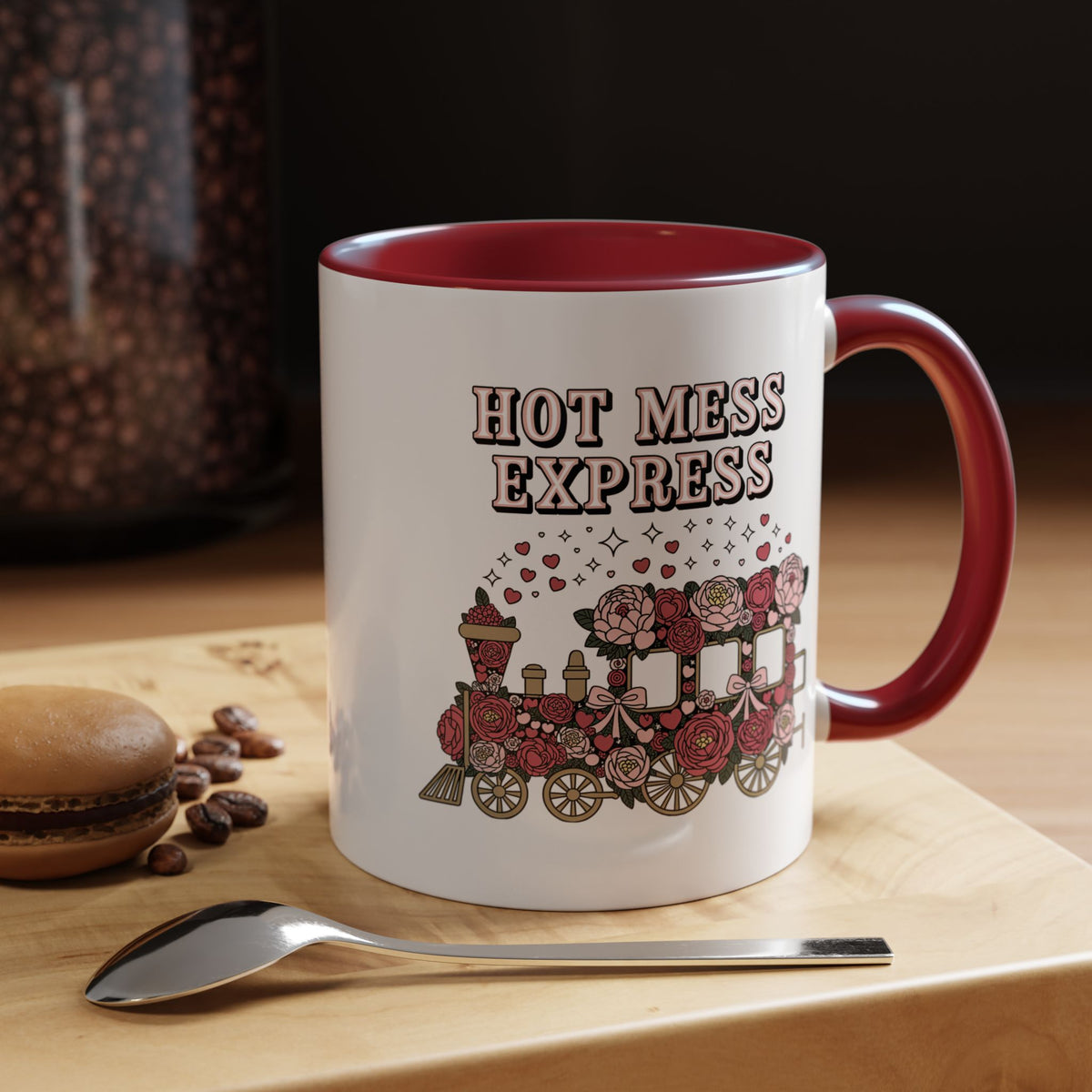 Hot Mess Express Coffee Mug, Pink Floral Train with Bows and Hearts, Funny Birthday Gift for a Busy Mom or Best Friend's Daily Coffee Break