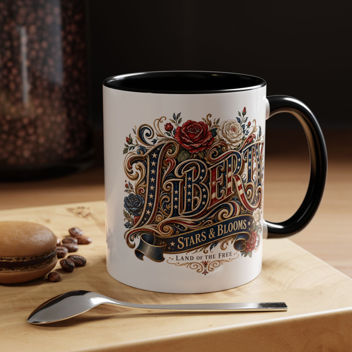Vintage Patriotic Floral Coffee Mug, Liberty Stars and Blooms Mug, Americana Rose Art Cup, Fourth of July Gift, USA Lover Mug