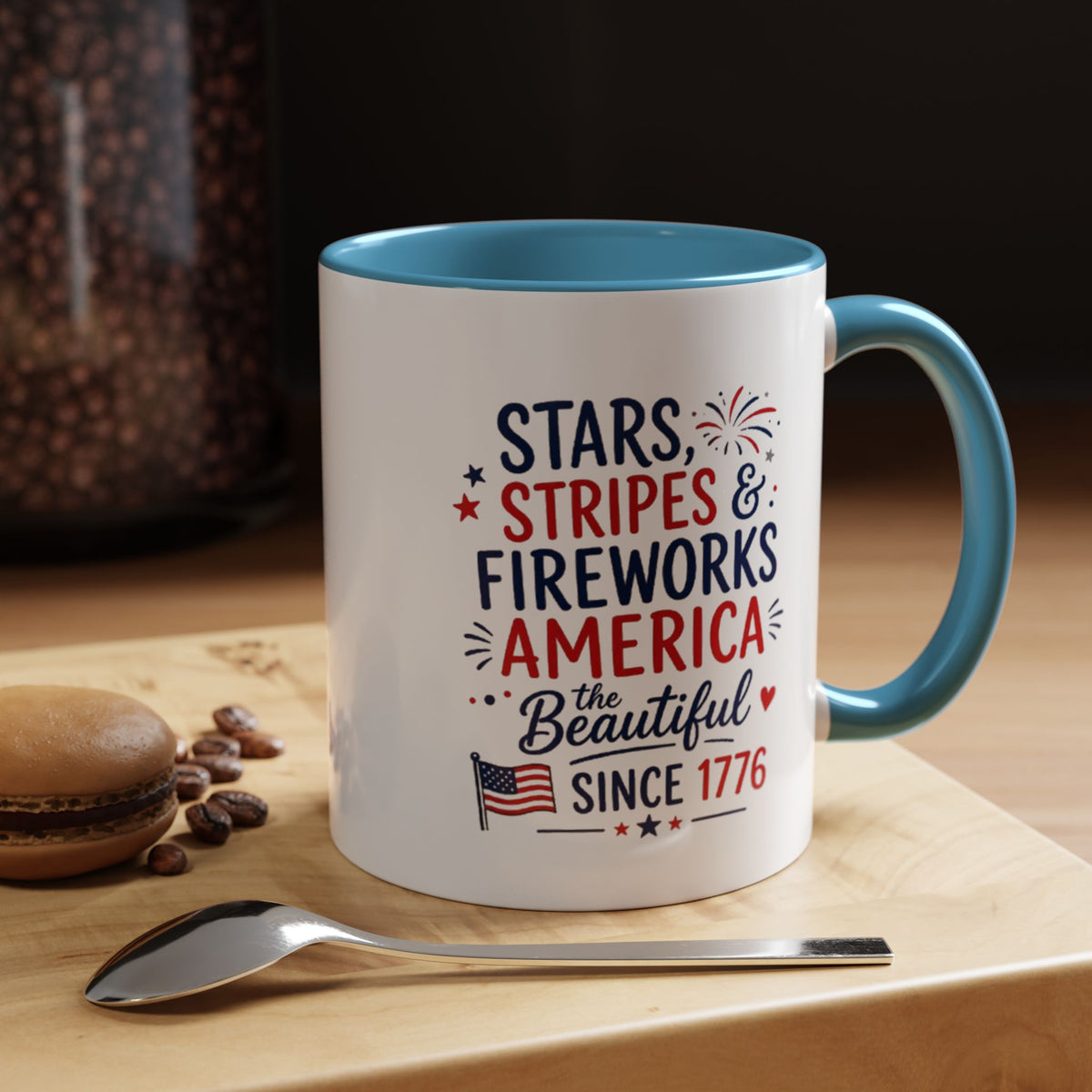 Stars and Stripes Coffee Mug, 4th of July Fireworks Gift for Hostess, America the Beautiful Since 1776 Patriotic Ceramic Tea Cup