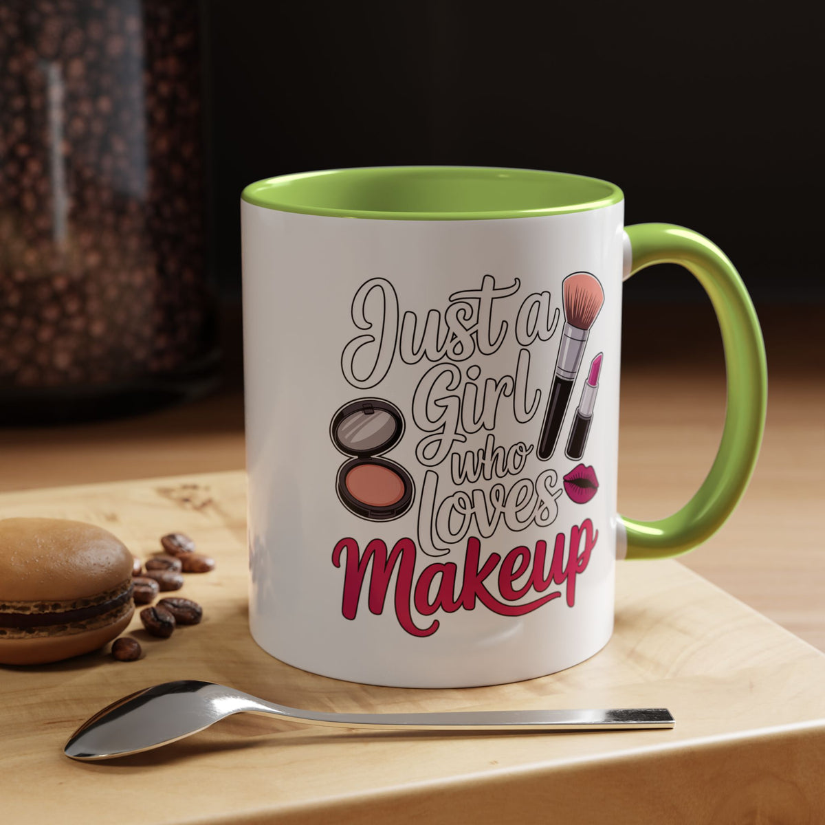 Makeup Lover Coffee Mug, Just a Girl Who Loves Makeup Quote, Lipstick and Brush Design, Birthday Gift for Beauty Enthusiast or Makeup Artist