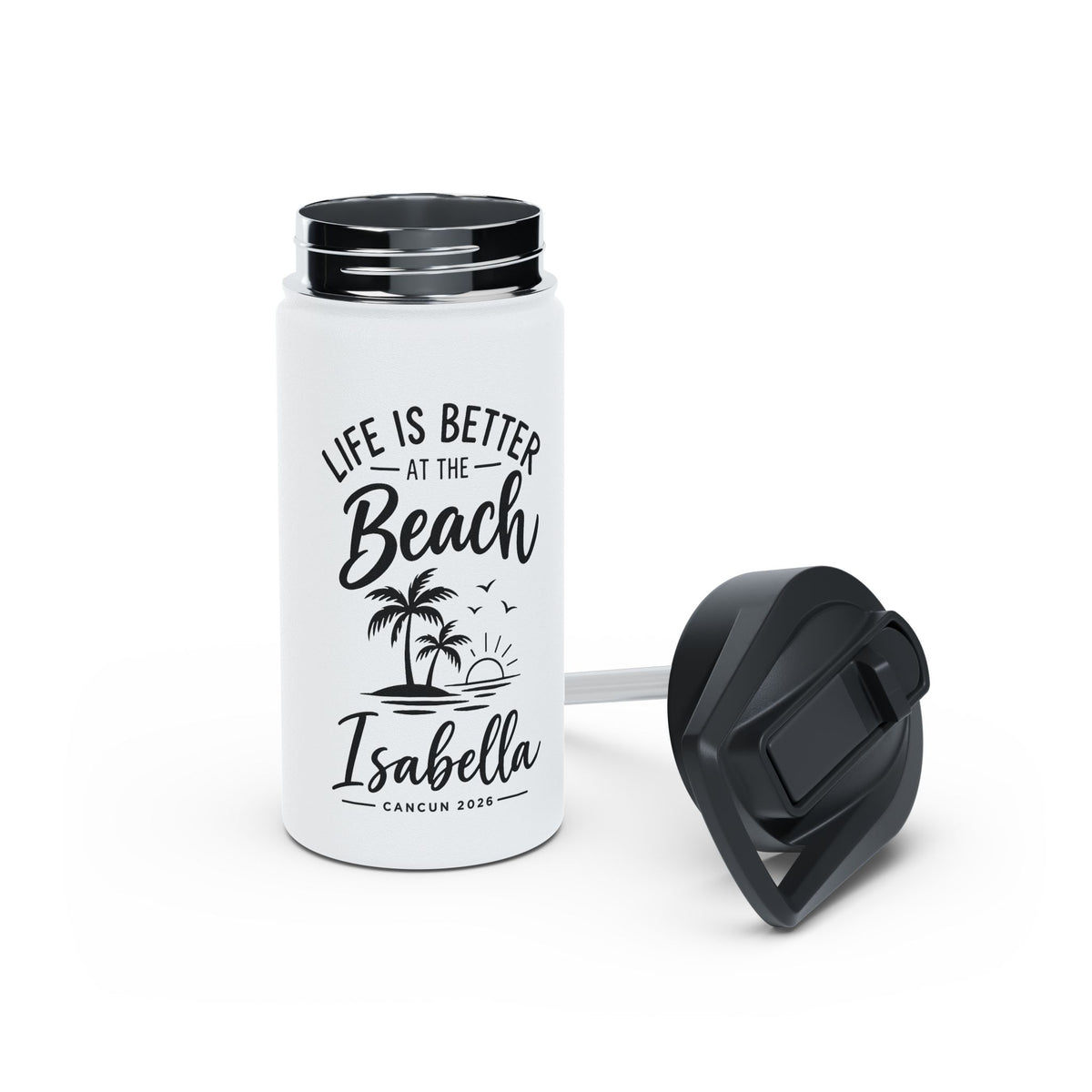 Personalized Beach Kids Water Bottle, Stainless Steel Straw Bottle, Custom Name Family Vacation Bottle, Kids Beach Trip Gift