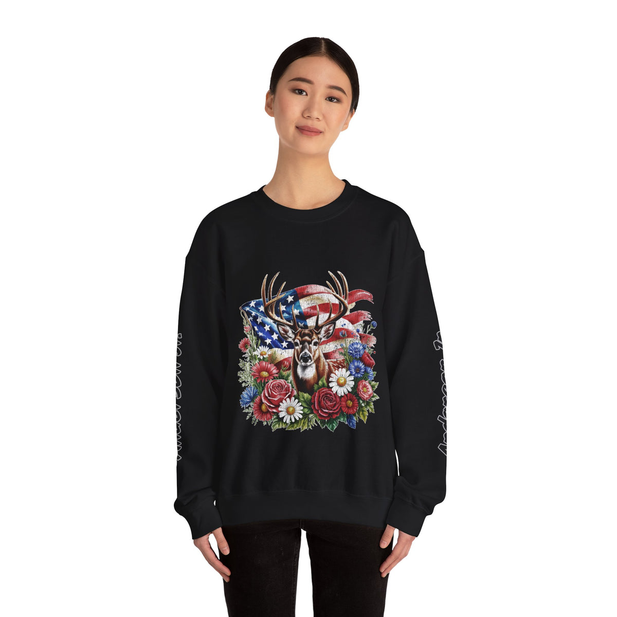 Personalized Hunting Family Sweatshirt, Custom Deer Patriotic Pullover, American Flag Floral Crewneck, Family Gift, Outdoorsman Shirt