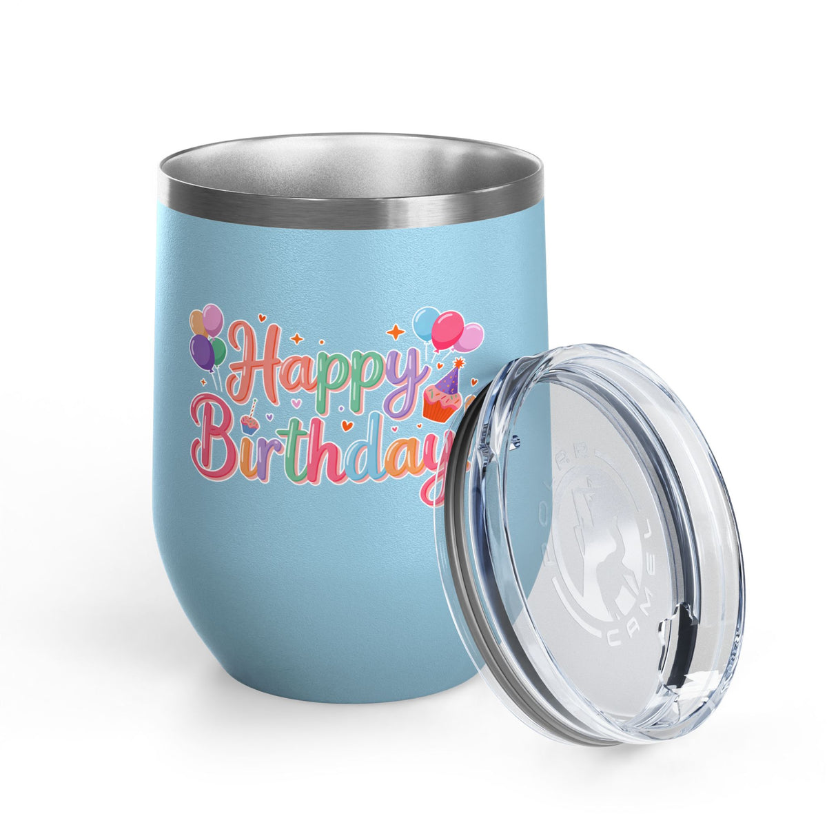 Happy Birthday Wine Tumbler, Pastel Balloons and Cupcake Design, Colorful Drinkware Gift for a Best Friend, Sister or Coworker Celebration