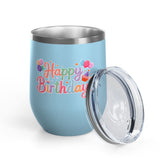 Happy Birthday Wine Tumbler, Pastel Balloons and Cupcake Design, Colorful Drinkware Gift for a Best Friend, Sister or Coworker Celebration