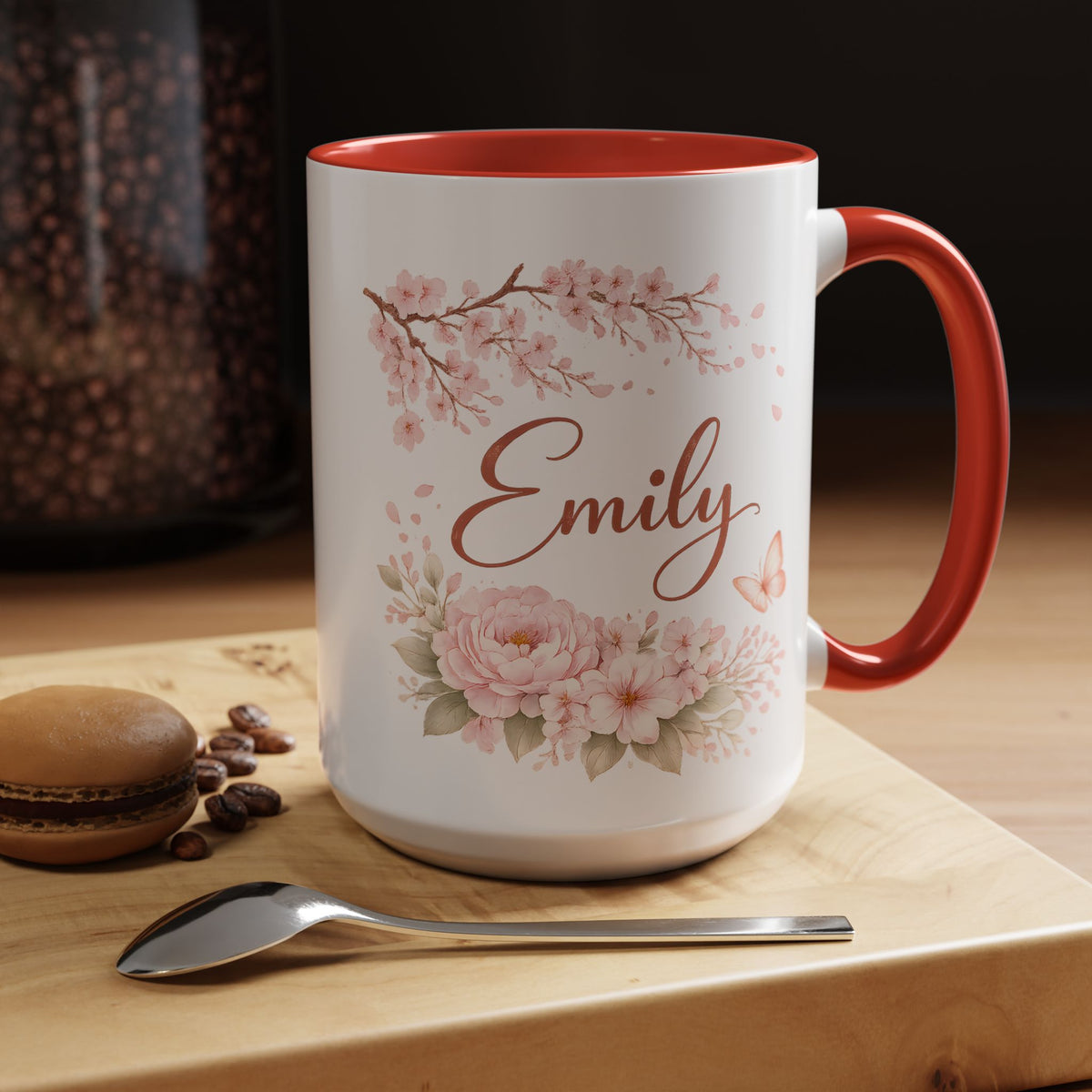 Personalized Floral Name Mug, Custom Coffee Mug with Name, Pink Flower Mug for Women, Birthday Gift, Bridesmaid Keepsake Cup