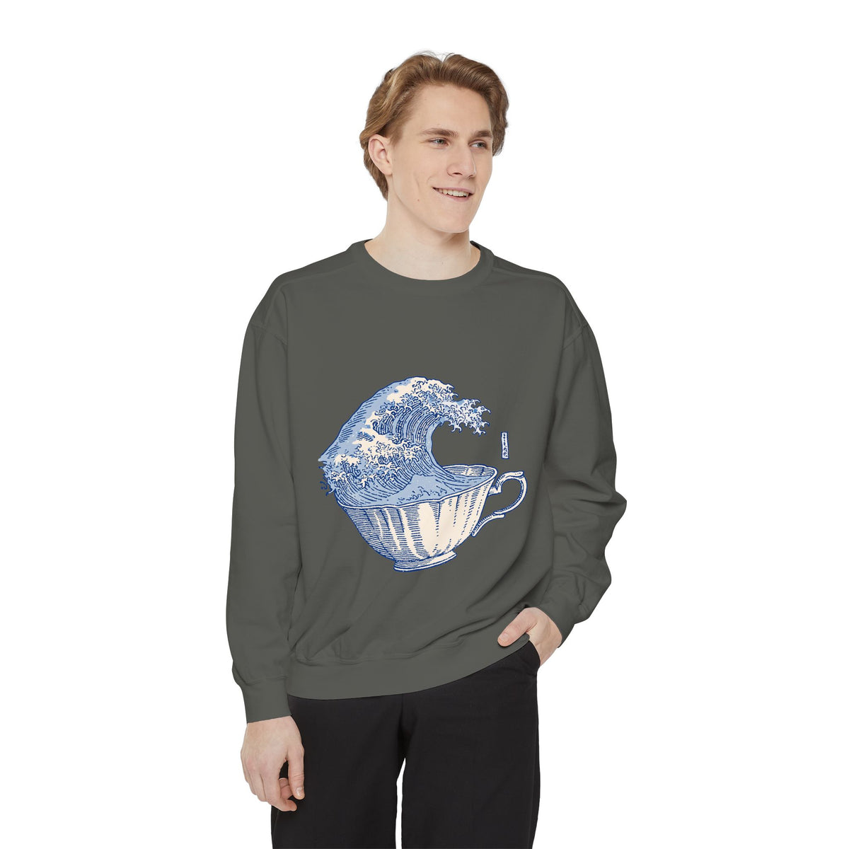 Great Wave Teacup Sweatshirt, Japanese Art Inspired Ocean Graphic, Gift for Tea Lovers and Coastal Art Fans, Casual Cafe Weekend Outfit