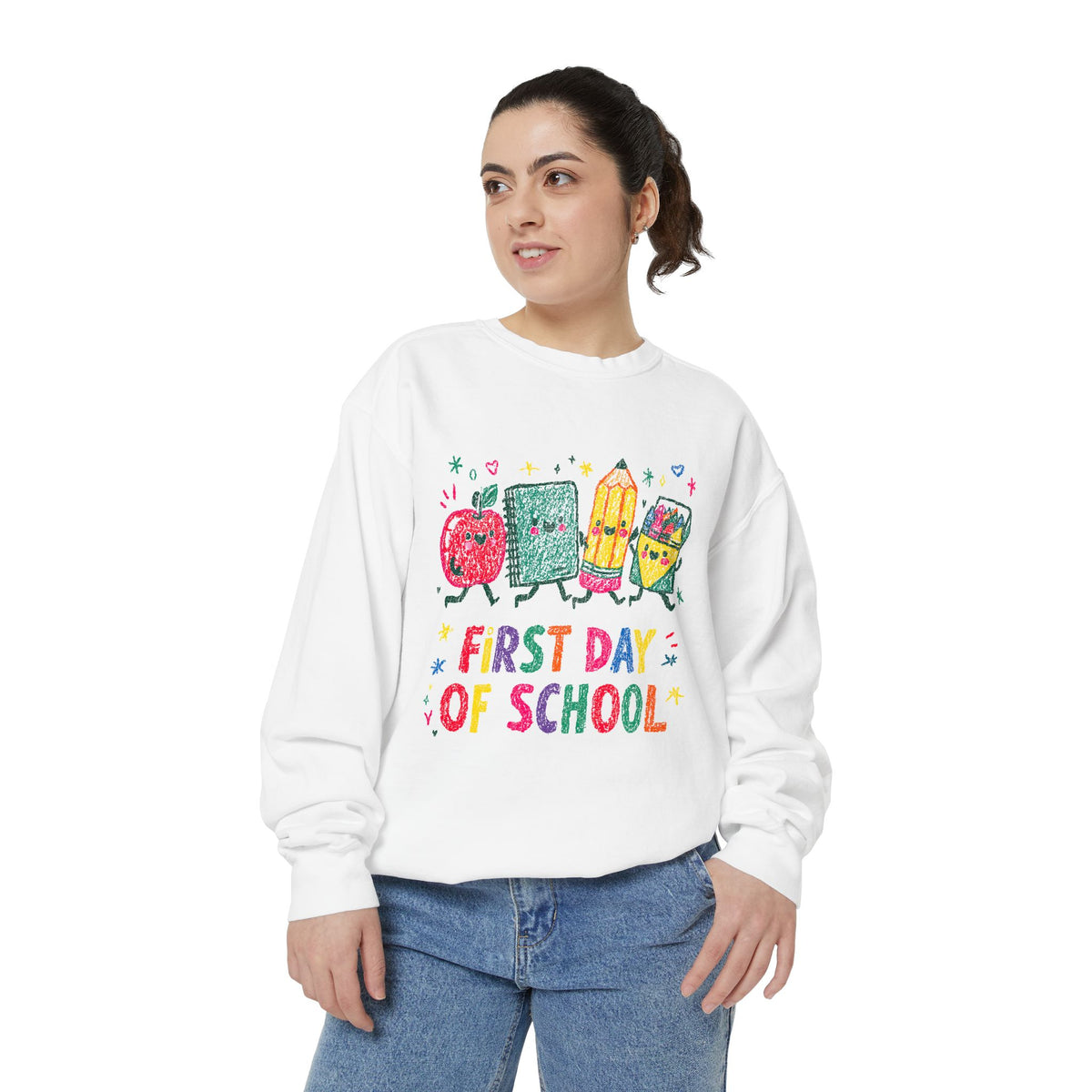First Day of School Sweatshirt, Colorful School Supplies Pullover, Cute Teacher Outfit, Student Back to Class Gift, Classroom Crewneck