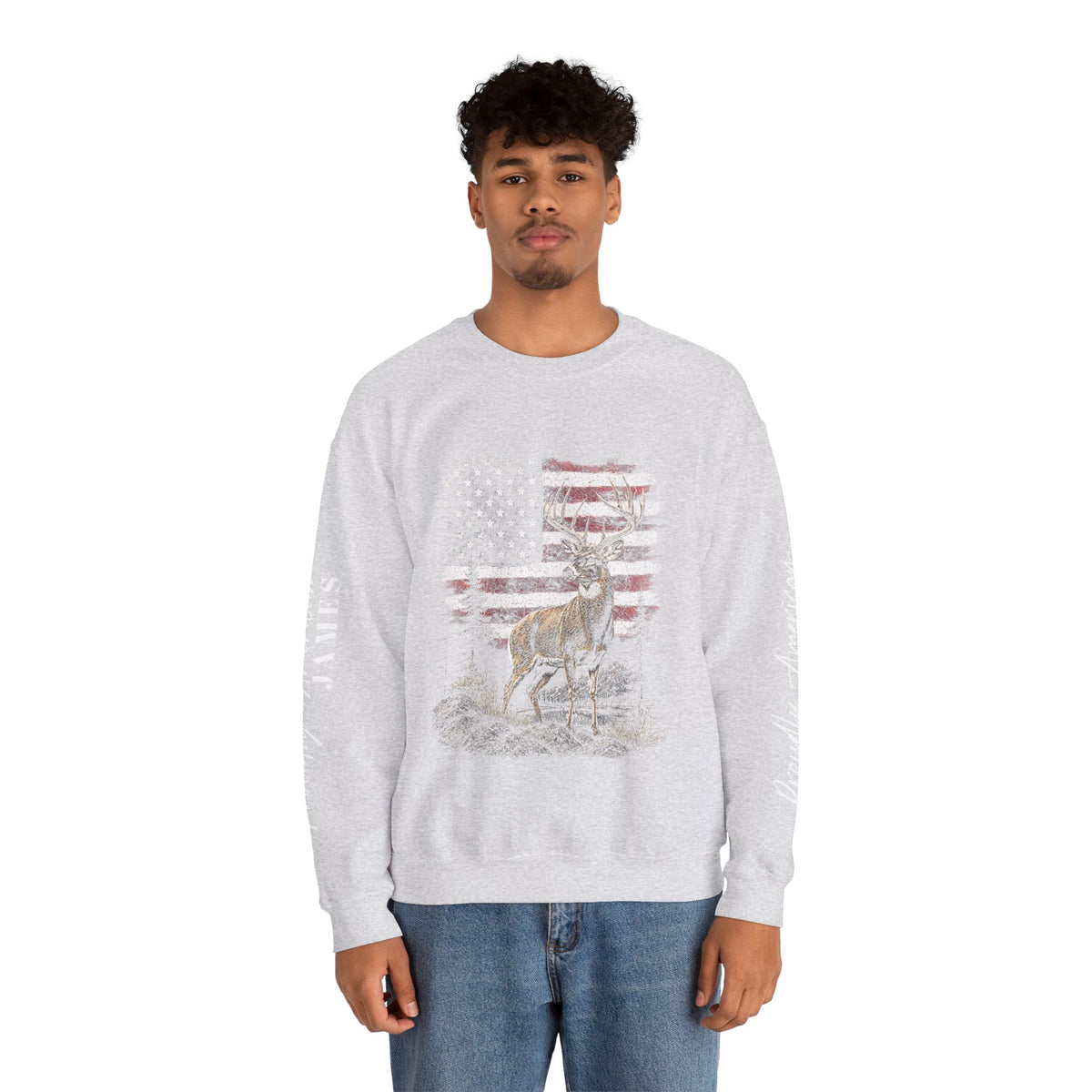 Personalized Hunting Sweatshirt, Custom Deer American Flag Pullover, Patriotic Outdoorsman Crewneck, Hunter Gift, Personalized Family Shirt