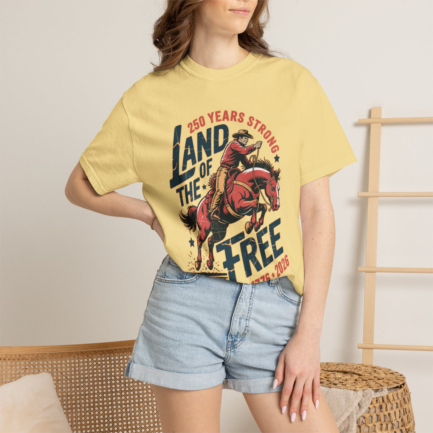 Land of the Free 250 Years Strong Comfort Colors Shirt, America 250th Anniversary Tee, Patriotic Cowboy Graphic Shirt, USA 1776-2026