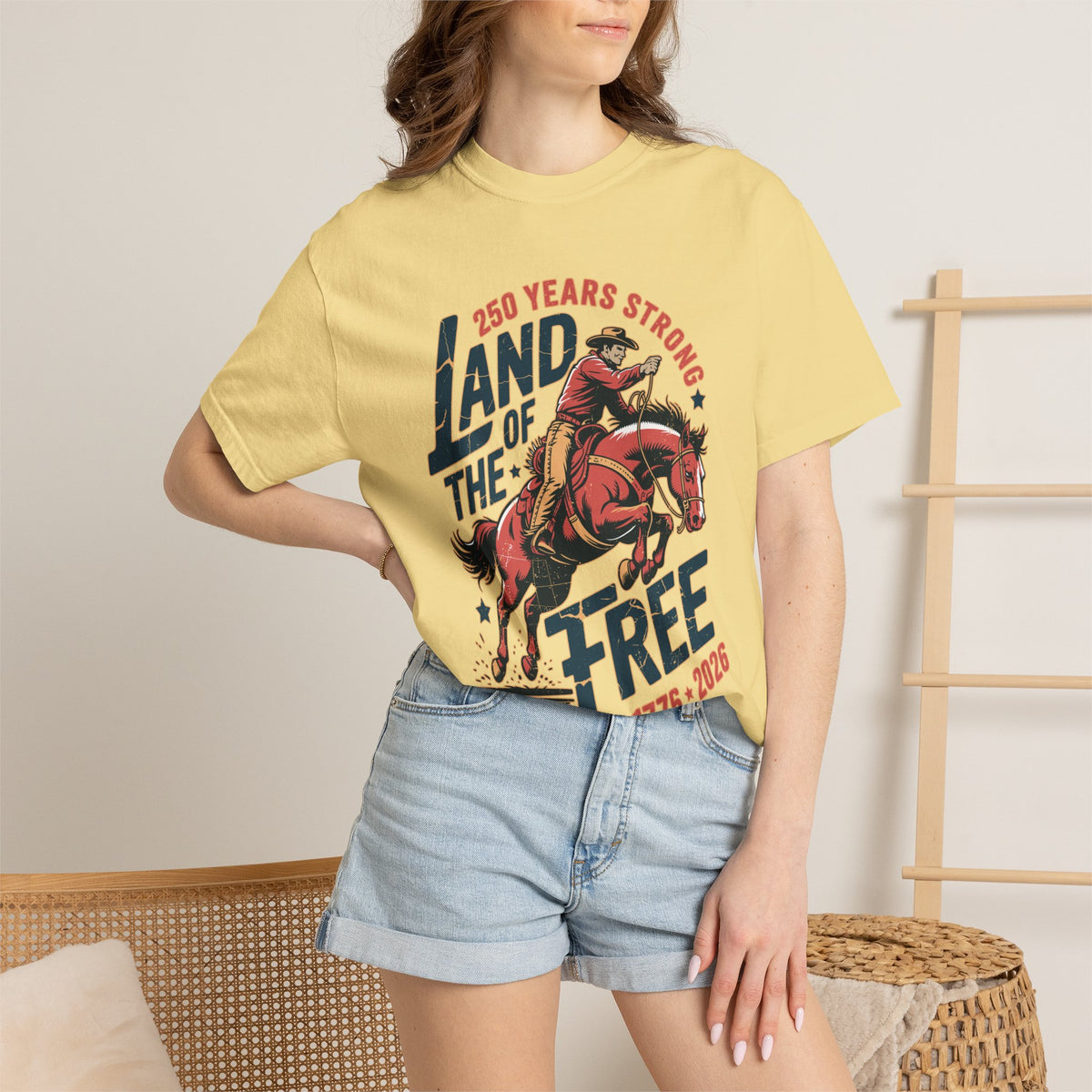 Land of the Free 250 Years Strong Comfort Colors Shirt, America 250th Anniversary Tee, Patriotic Cowboy Graphic Shirt, USA 1776-2026