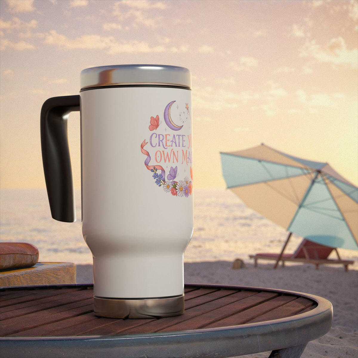 Floral Stainless Steel Travel Mug, Create Your Own Magic Cup, Butterfly and Moon Drinkware, Inspirational Gift for Her