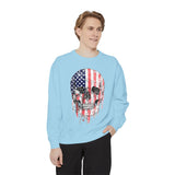 American Flag Skull Sweatshirt, Distressed Patriotic Graphic for Biker Outfits, Fourth of July Style, Birthday Gift for Skull Art Lovers
