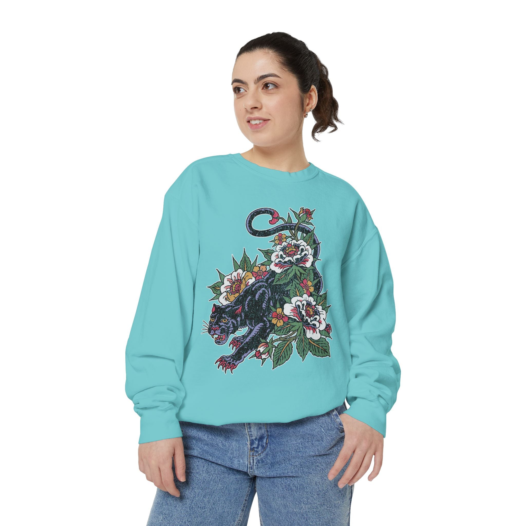 Traditional Panther Graphic Sweatshirt, Floral Tattoo Pullover for Men and Women, Old School Big Cat Top