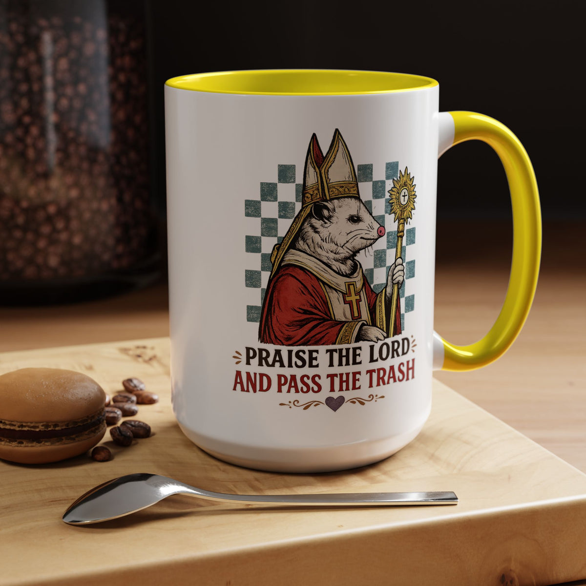 Praise the Lord and Pass the Trash Coffee Mug, Funny Opossum Pope Gift for Friends, Sarcastic Christian Possum Ceramic Tea Cup with Black Handle