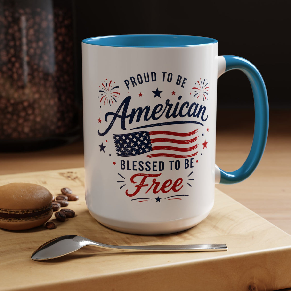 Proud to Be American Coffee Mug with US Flag, Patriotic 4th of July Gift for Veterans, Blessed to Be Free Red White and Blue Tea Cup