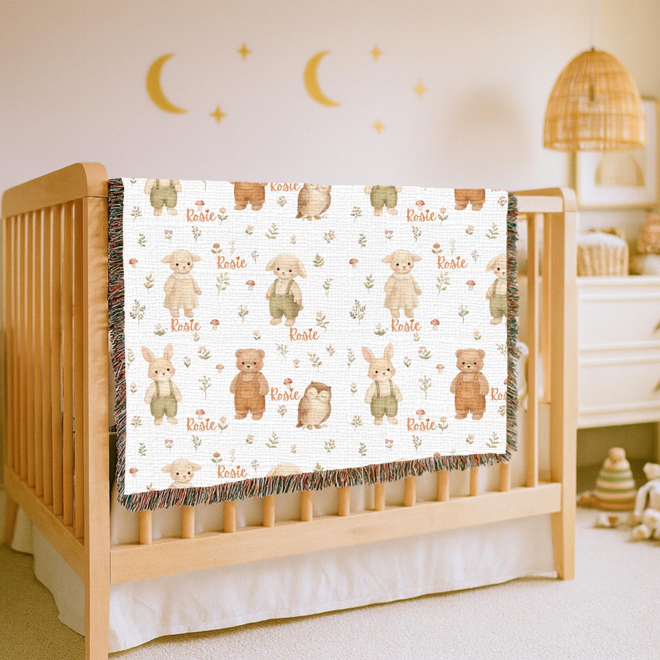 Personalized Woodland Baby Woven Blanket Custom Name Animal Nursery Blanket Bunny Bear Lamb Owl Baby Shower Gift