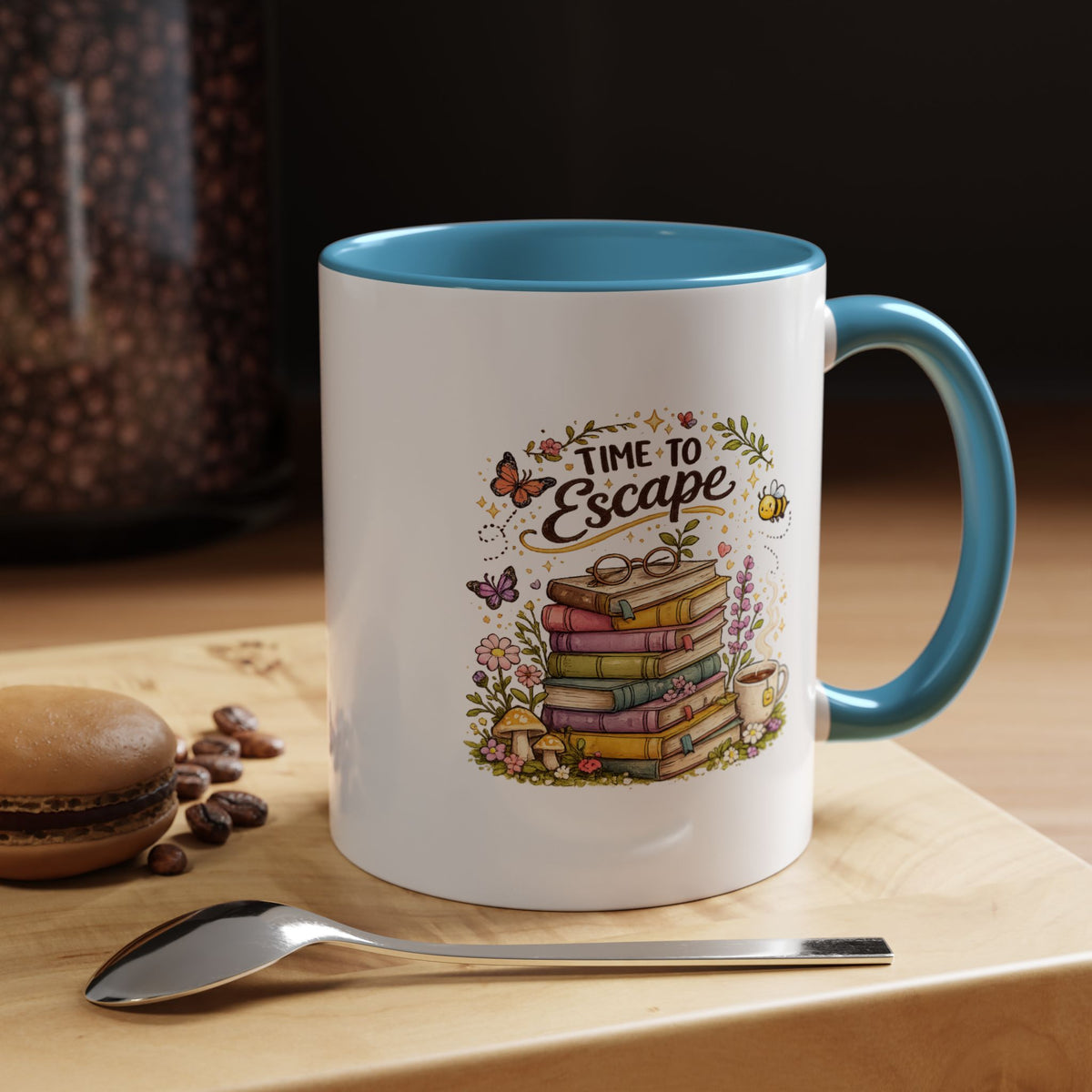 Book Lover Coffee Mug, Time to Escape Black Accent Cup with Books and Tea, Unique Cozy Gift for Reader, Librarian, Teacher or Bookworm