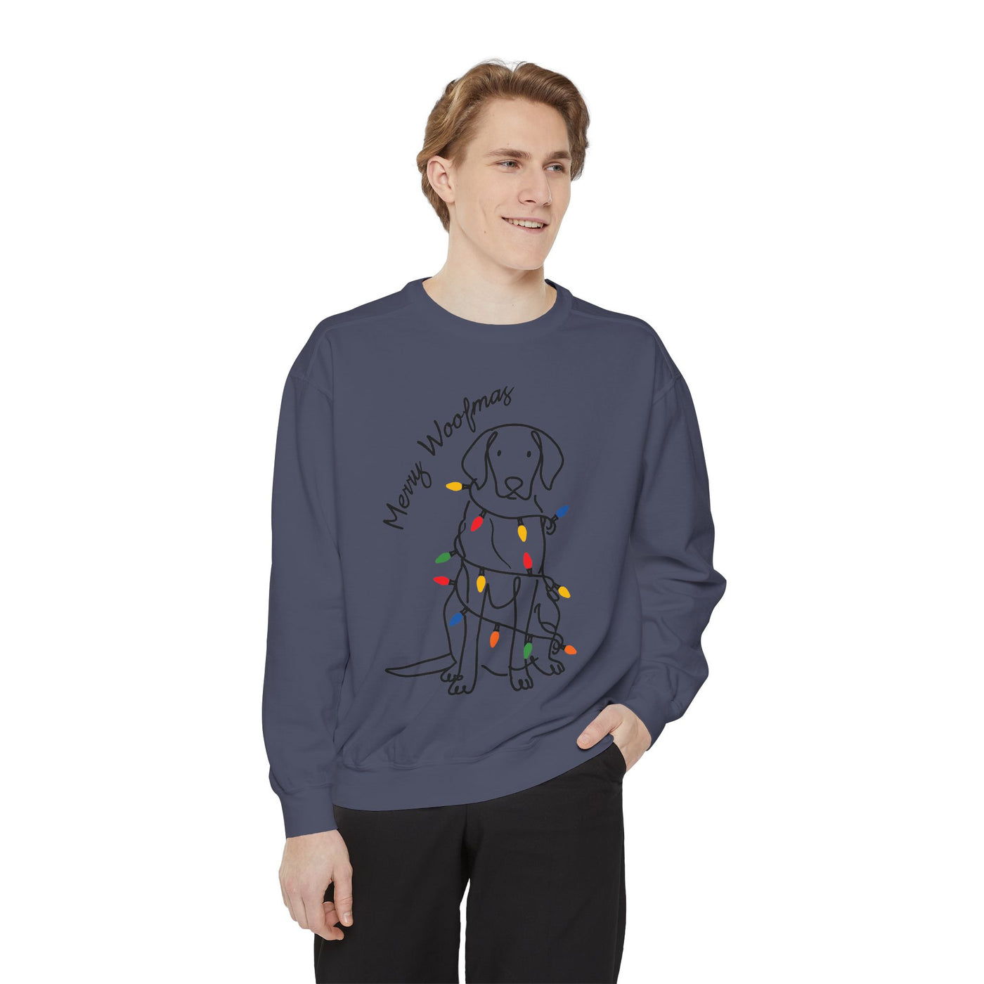 Merry Woofmas Dog Sweatshirt, Funny Christmas Puppy Crewneck, Holiday Lights Pet Lover Pullover, Cute Christmas Gift for Dog Mom or Dog Dad