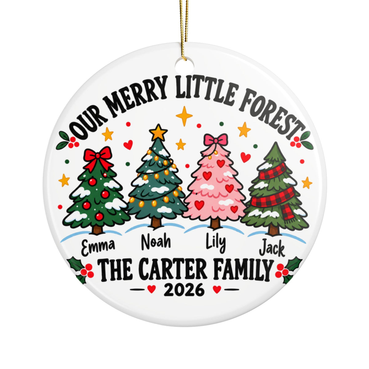 Personalized Family Christmas Tree Ornament 2026, Our Merry Little Forest with Four Names, Custom Surname Keepsake Gift for Parents and Kids
