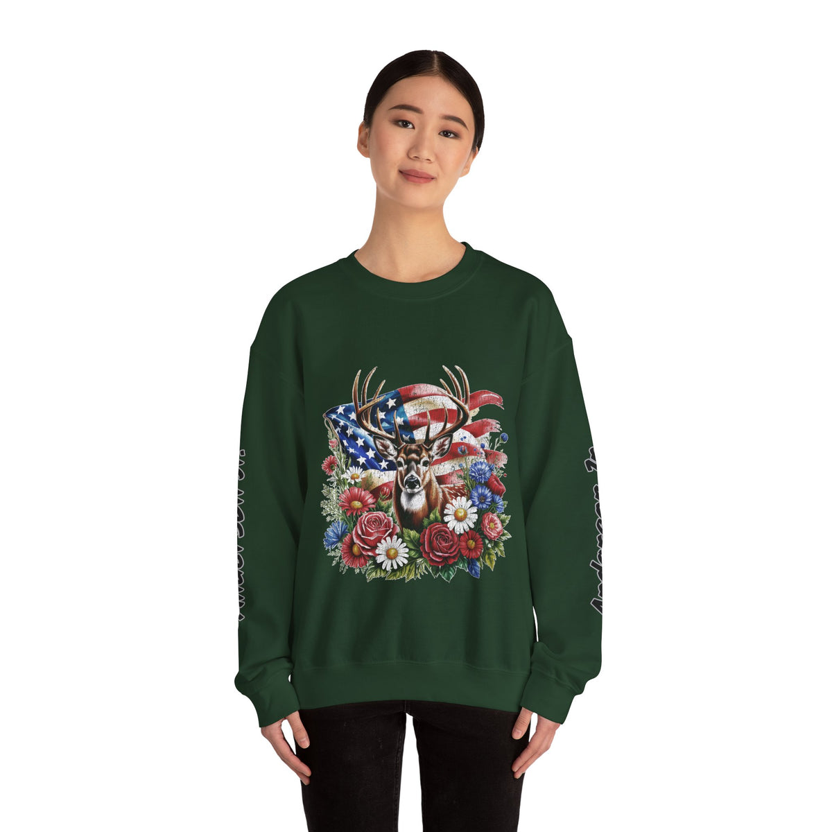 Personalized Hunting Family Sweatshirt, Custom Deer Patriotic Pullover, American Flag Floral Crewneck, Family Gift, Outdoorsman Shirt