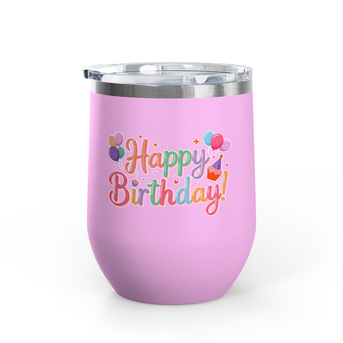 Happy Birthday Wine Tumbler, Pastel Balloons and Cupcake Design, Colorful Drinkware Gift for a Best Friend, Sister or Coworker Celebration