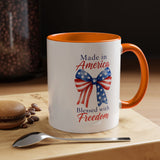Made in America Blessed with Freedom Mug, Patriotic American Flag Bow Coffee Mug, USA Pride Gift for Women, Fourth of July Cup